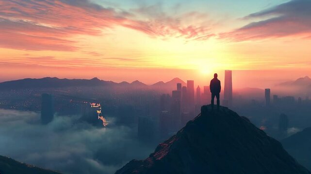 
Individual standing on mountain peak at sunrise overlooking cityscape, symbolizing achievement