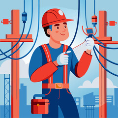 Cartoon electrician working on power lines with safety gear