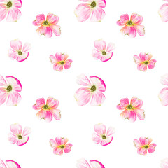 Seamless pattern.Watercolor illustration with beautiful pink dogwood flowers. Hand painted watercolor seamless spring pattern,seamless pattern with flowers.