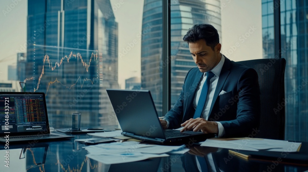 Aufkleber a man in a suit is sitting at a desk with a laptop and a stack of papers