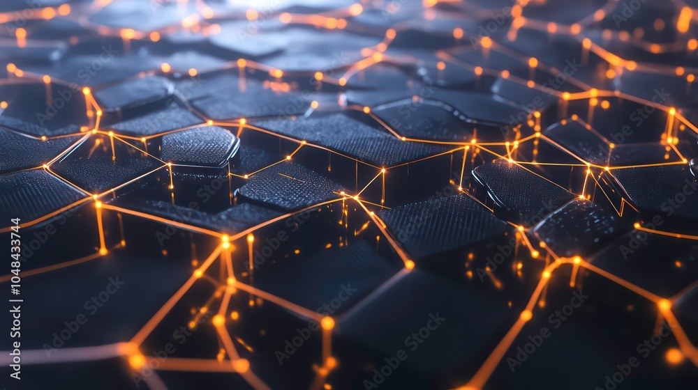 Poster Abstract network of glowing lines and hexagonal shapes on a dark background.
