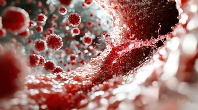 A close-up image depicting microscopic red cells flowing through a fluid-like tunnel, representing health and biological processes in a vivid, dynamic way.