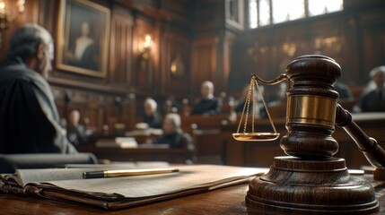 Obraz premium A judge's gavel sits on a desk in front of a judge's bench