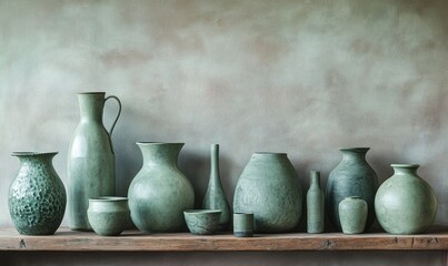 A shelf with a variety of green vases and bowls