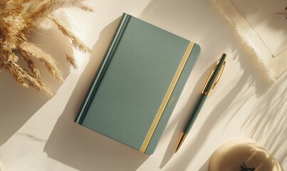 A green notebook with a pen on top of it