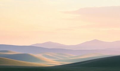 A beautiful landscape with mountains in the background and a sky with a pink hue