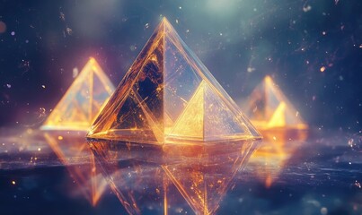 Three pyramid shaped glass objects are reflected in the water