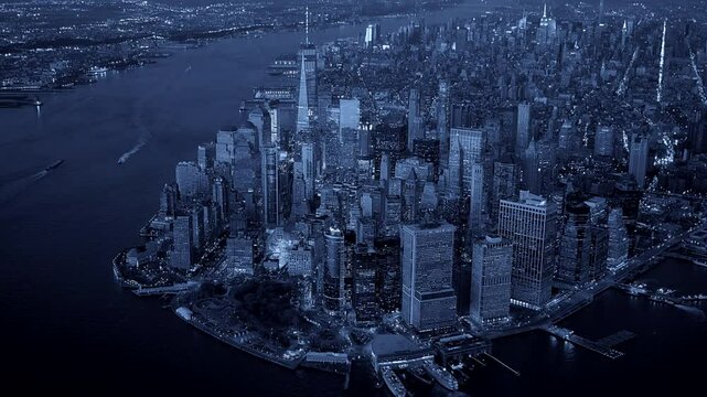 Stunning Aerial View of the Manhattan Skyline at Night, Capturing the Citys Vibrant Essence