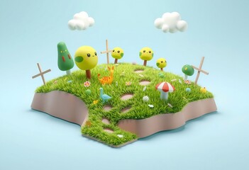 3D illustration of a cute cartoon island with grass, trees, flowers, animals, and a mushroom.