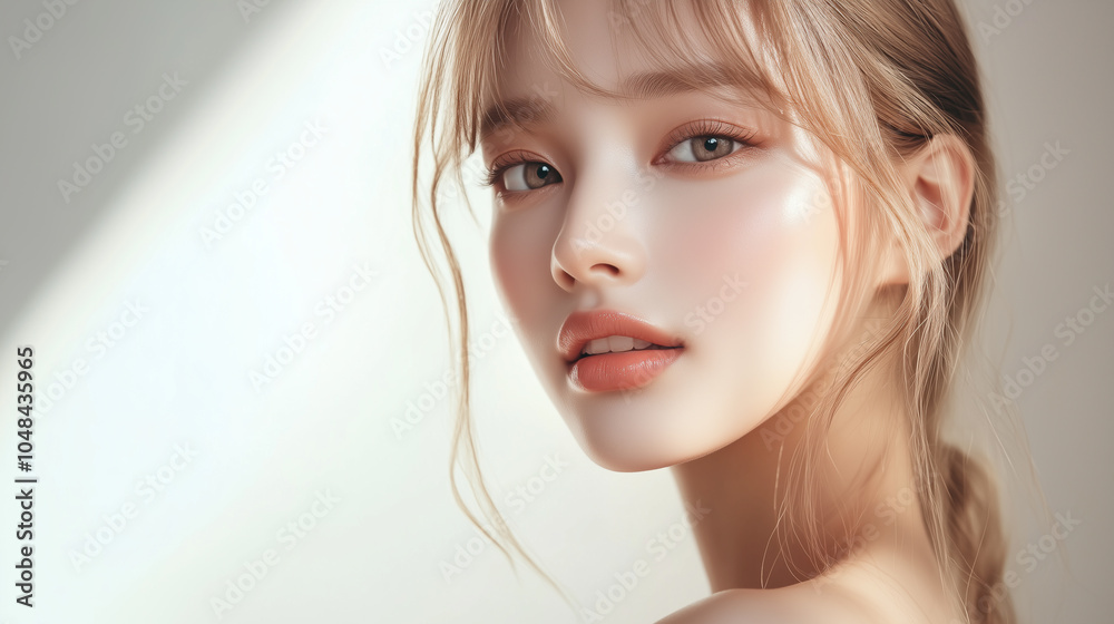 Aufkleber 美肌の若くて綺麗なアジア人女性モデル。金髪でカラーコンタクトをして、流行りのファッションをしている美容ポートレート。