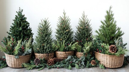 A combination of real and faux small Christmas trees in large, rustic baskets, with garlands of faux greenery mixed with real magnolia branches, pine cones, and juniper berries 