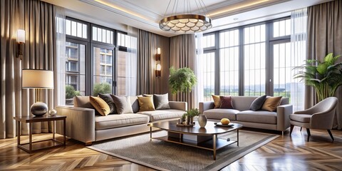 Aerial View of Modern Furniture and Stylish Room Interior with Curtains, Showcasing Contemporary Design and Chic Decor Elements for Home Inspiration