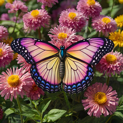 Fototapeta premium Produce an image of a lively purple butterfly with sparkling wings, set as the focal point in a vibrant floral garden. The butterfly’s wings are fully open, catching light, with surrounding flowers in