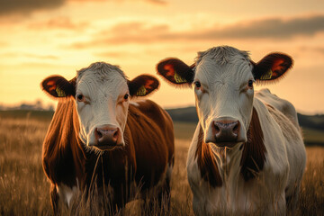 Cows standing in field during sunset, showcasing their calm demeanor and natural beauty. warm light enhances serene atmosphere of rural landscape
