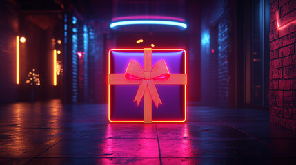 A brightly lit neon gift box stands in a dimly lit corridor decorated with colorful lights at night
