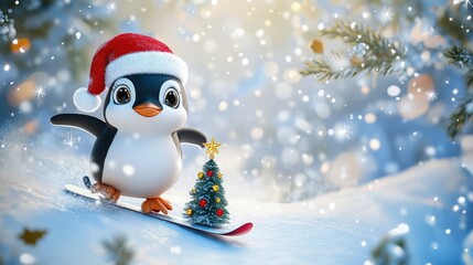 Obraz premium A cute 3D penguin in a red and white Santa cap, skiing through a snowy landscape, gripping a tiny Christmas tree with star ornaments, snowflakes swirling around.