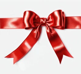 A bright red satin bow, neatly tied with a ribbon, on a clean background. The bow is elegantly decorated with soft folds and reflections, creating a festive and luxurious look on the white background