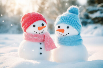 Snowmen wearing colorful hats and scarves stand together in snowy landscape, radiating cheerful winter vibe. Their friendly expressions and vibrant accessories create delightful scene