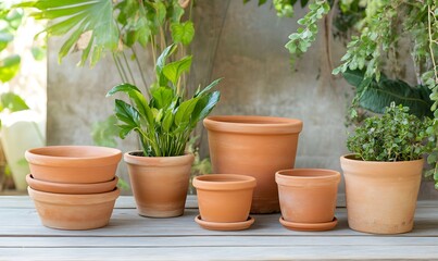 Fototapeta premium Terracotta Pot Stack in Natural Garden Setting, Generative AI