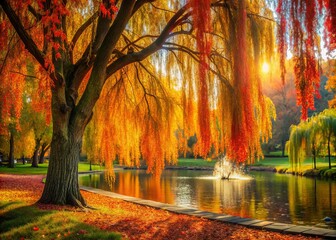 Autumn Landscape with Weeping Willow Tree and Colorful Leaves - Scenic Fall Nature Photography, Vibrant Foliage, Tranquil Park, Seasonal Change, Outdoor Beauty, Serene Environment