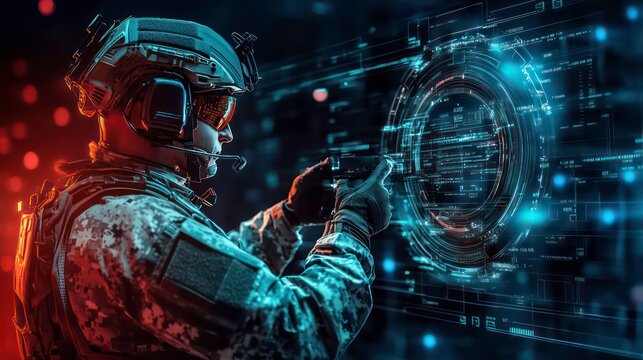 A soldier in camouflage uniform and helmet, uses a digital interface with glowing blue and red lights, in a dark room.