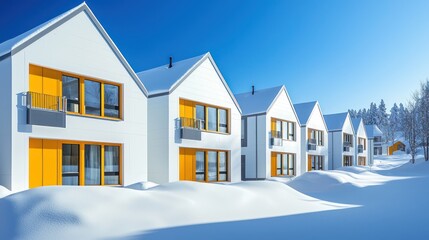 Elegant modern homes in Snow Valley with yellow windows against white walls, sunlit.