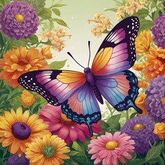 Produce an image of a lively purple butterfly with sparkling wings, set as the focal point in a vibrant floral garden. The butterfly&rsquo;s wings are fully open, catching light, with surrounding flowers in