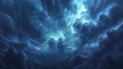 Dramatic storm clouds with sharp lightning bolts illuminating the sky, creating an intense atmosphere of energy and power