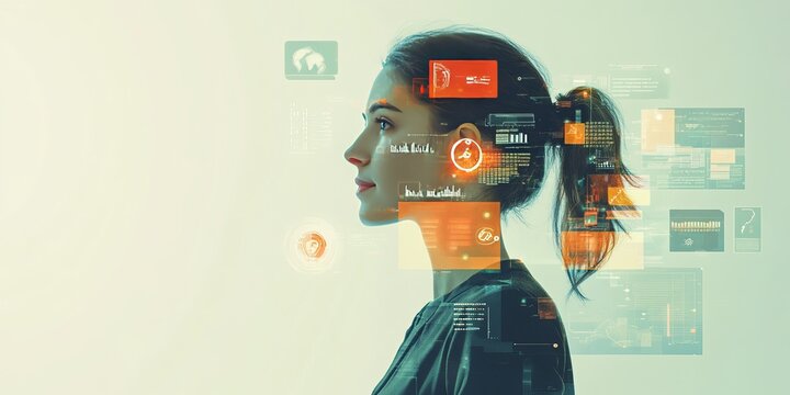 A businesswoman uses a digital screen showing open banking icons. This represents the idea of open banking and how it's changing the world of finance through technology.