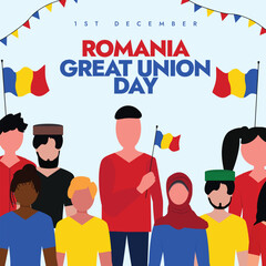 Romania great union day. 1st December Romania Union day celebration banner with its flags, people holding flags and wearing flag colours. The day recalls country's unification in 1918.