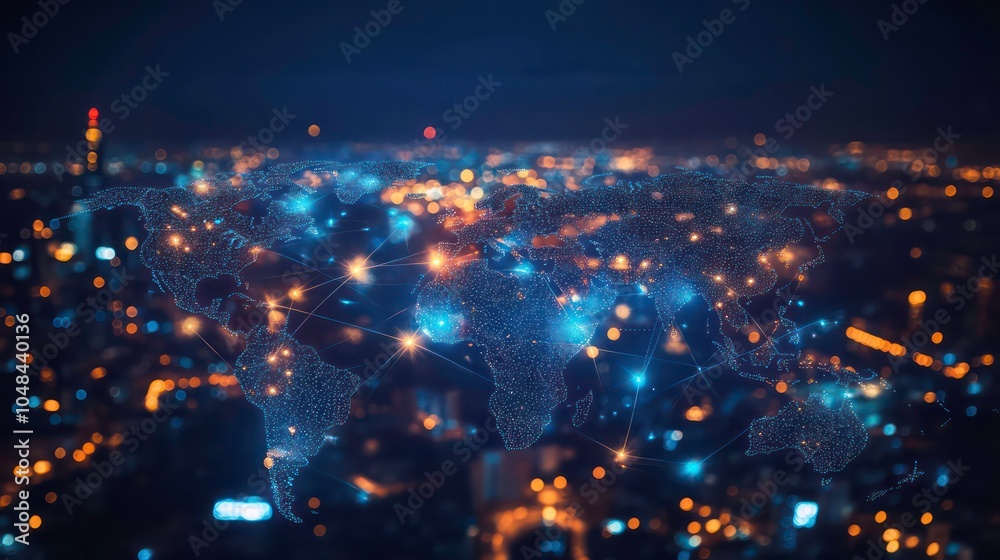 Aufkleber a digital world map overlayed on a blurred cityscape at night, showing interconnectedness and global
