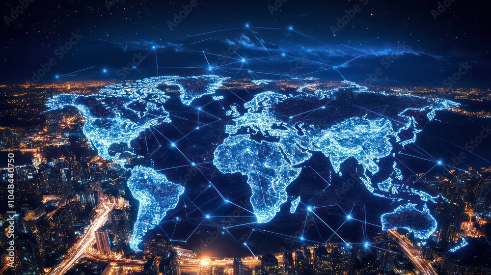 Poster A glowing world map with connected lines, representing global communication and networks, set against a starry night sky.
