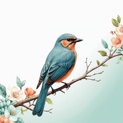 Fototapeta premium A Colorful Bird Perches on a Branch Amidst Delicate Flowers