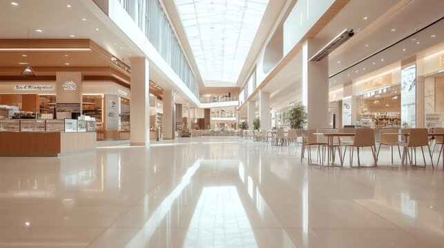 A large, empty mall with a lot of white tile floors and a lot of empty chairs