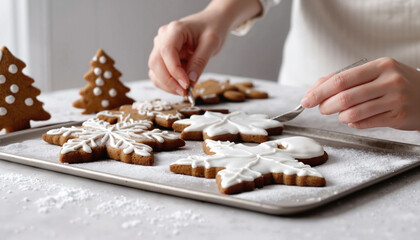 Photorealistic, close-up of a hand decorating Christmas cookies, simple sugar cookies with festive icing, soft natural light, focused on the cookie, blurred background 