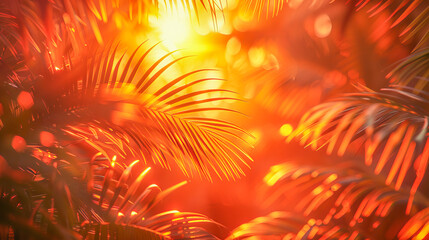 Tropical palm leaves glowing in the setting sun