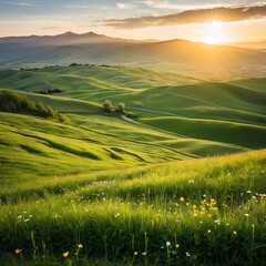 Obraz premium green field in countryside at sunset in the evening light. beautiful spring landscape in the mountains. grassy field and hills. rural scenery