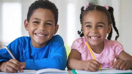 Two Children Seated at Desk with Books and Pencils