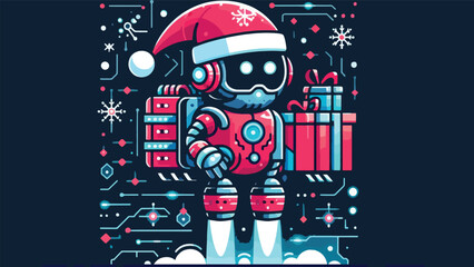 A futuristic robot in Santa-themed colors, carrying a stack of gifts with jet thrusters on its feet, with glowing circuits and snowflakes in the background 