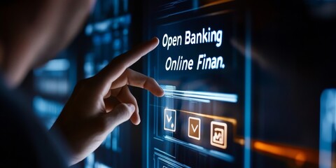 Obraz premium A man uses his finger to tap on a screen showing the words 