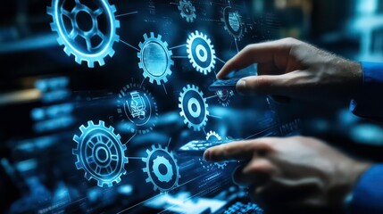 A man interacts with a futuristic interface, manipulating a network of gears and icons.