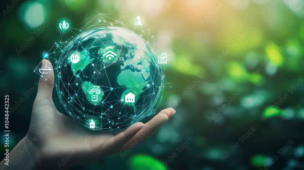 Aufkleber A hand holding a globe with a network of connected icons symbolizing global connectivity and technology.