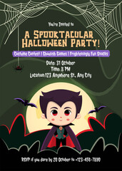 Cute Halloween vampire boy. Kawaii illustrative Halloween party invitation template. Kid wearing Halloween costume invite.