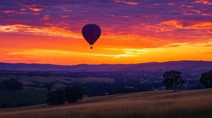 Obraz premium A single hot air balloon silhouetted against a dramatic sunset, with the sky painted in deep orange and purple hues above the rolling hills