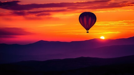 Fototapeta premium A single hot air balloon silhouetted against a dramatic sunset, with the sky painted in deep orange and purple hues above the rolling hills