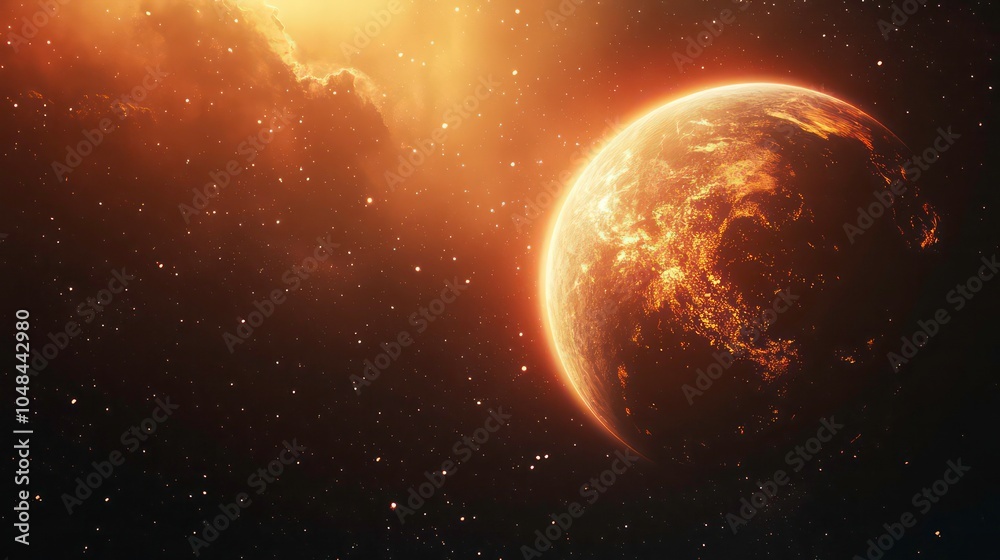 Poster a burning planet in the depths of space, with a starry background and a glowing aura around the plan