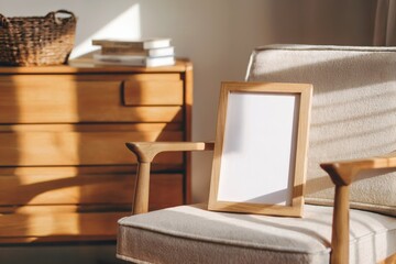 Fototapeta premium Wooden frame on cozy chair in warm sunlit corner with basket and books