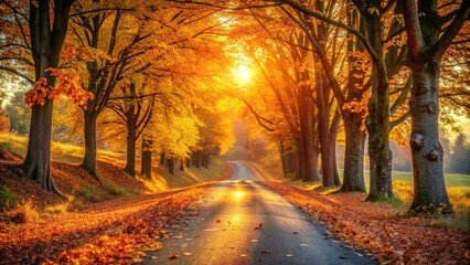 Fototapeta premium Tranquil autumn scene of serene countryside road with golden hour light and falling leaves