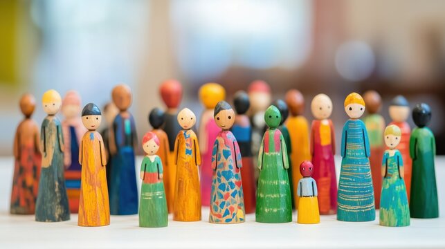 Colorful wooden figurines representing diverse ethnicities on a white tabletop
