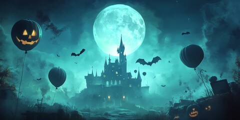 A spooky Halloween sale poster featuring pumpkins, ghost balloons, and a castle silhouette against a moonlit sky. This design is perfect for a website banner or online promotion.